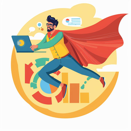 Superhero businessman with laptop. Vector illustration in a flat style.の素材