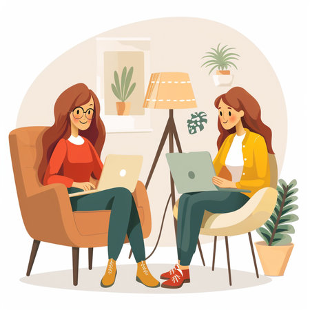 Two young women sitting in armchair and working on laptop computer. Flat style vector illustration.の素材