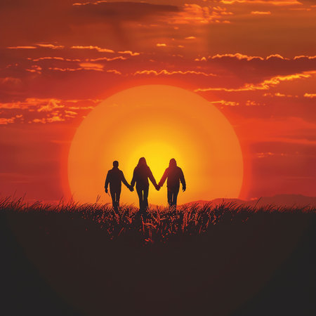 Silhouette of a man and woman holding hands on sunset backgroundの素材