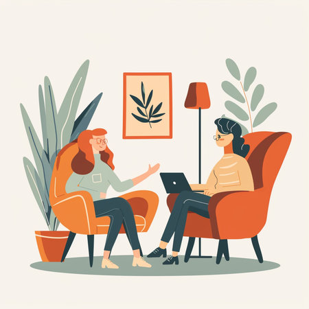 Two women sitting in armchairs and working on laptop. Vector illustrationの素材