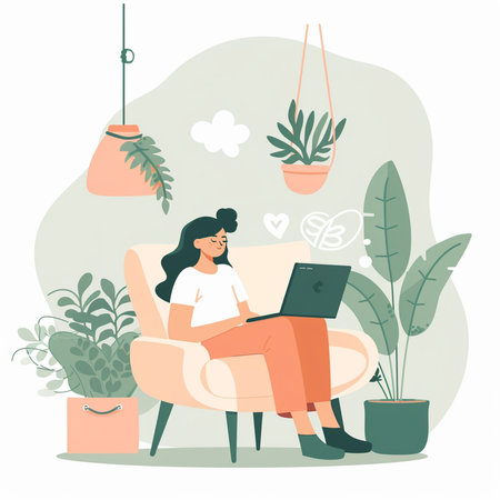 Woman working at home. Freelance and remote work concept. Vector illustration.の素材