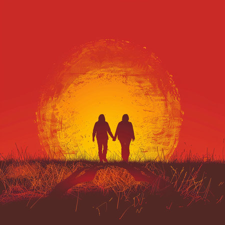couple holding hands on sunset background, vector illustration eps10の素材