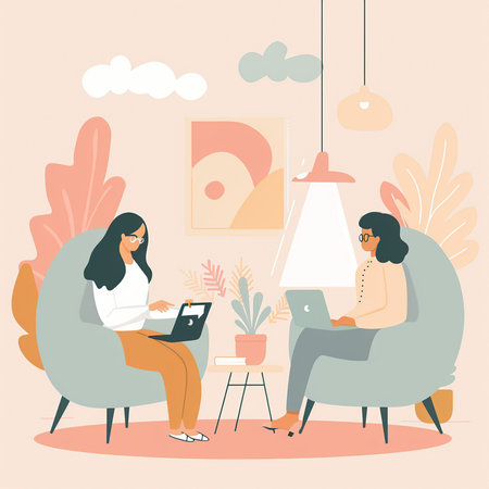 Women sitting in armchairs and working on laptop. Vector illustration.の素材