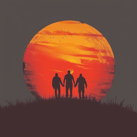 Silhouette of family holding hands on sunset background. Vector illustration.の素材
