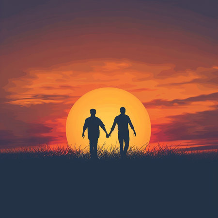 Silhouette of a man and woman holding hands on sunset backgroundの素材