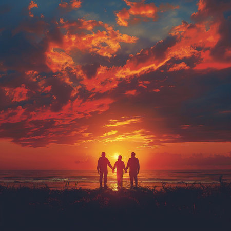 Silhouette of a man and a woman holding hands at sunsetの素材