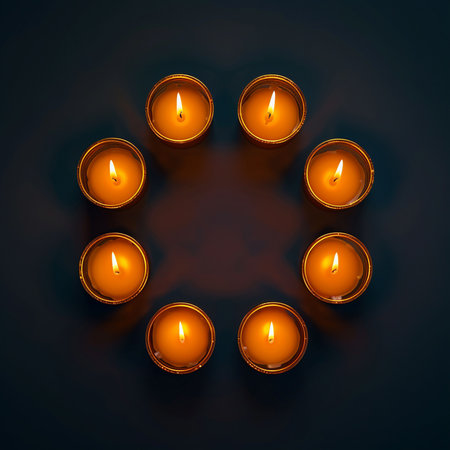 Burning candles in circle on dark background. 3D illustrations.の素材