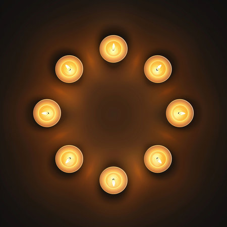 Vector diwali diya with glowing candles on dark background.の素材