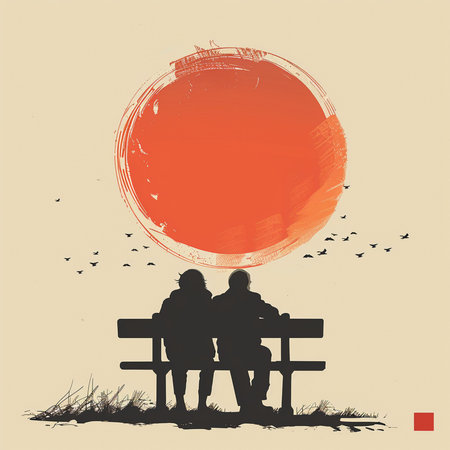 Couple sitting on a bench with a red sun in the backgroundの素材