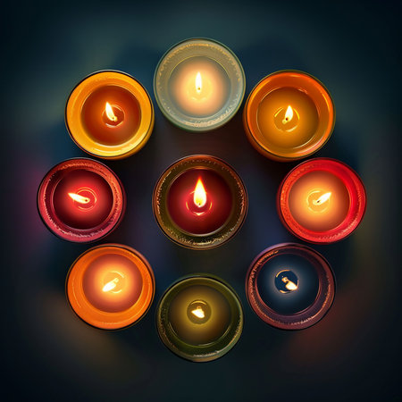 Colorful diwali diya on dark background. Vector illustration.の素材