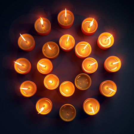Illustration of a circle of burning candles on a dark background.の素材