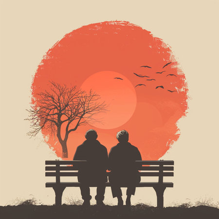 Elderly couple sitting on a bench at sunset. Vector illustration.の素材