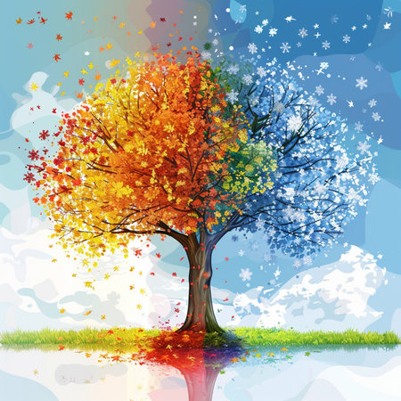 Autumn tree with colorful leaves on blue sky background. Vector illustration.の素材