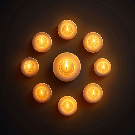 Illustration of burning candles in the form of a circle on a dark backgroundの素材