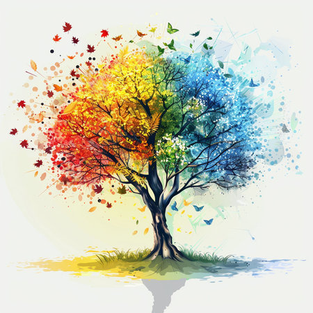 Colorful autumn tree with leaves on watercolor background. Vector illustration.の素材