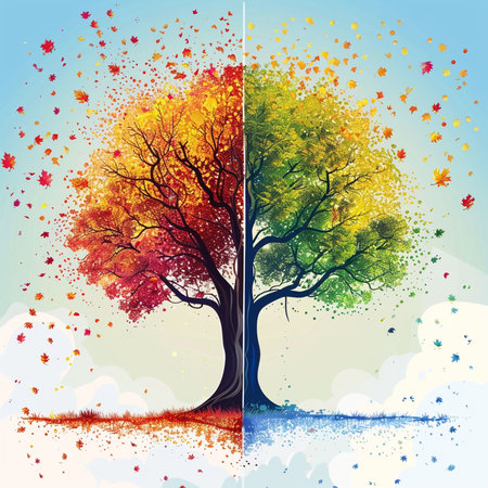 Autumn tree with falling leaves. Abstract background. Vector illustration.の素材