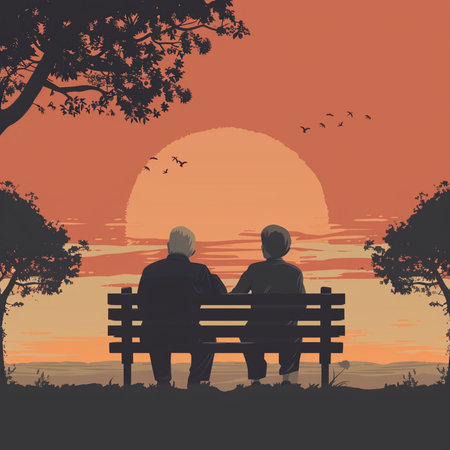 Elderly couple sitting on a bench in the park at sunsetの素材
