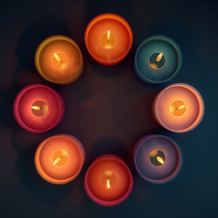 Round frame of burning candles on dark background. 3D illustrations.の素材