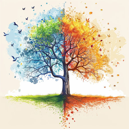 Autumn tree with colorful leaves and birds on watercolor background.の素材