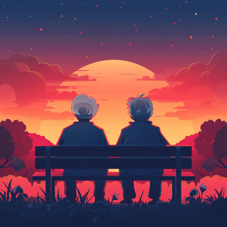 Couple sitting on a bench in the park at sunset. Vector illustration.の素材