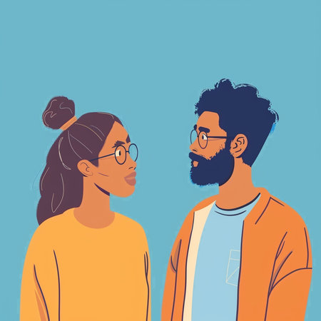 Vector illustration of a young man and woman in glasses. Isolated on blue background.の素材