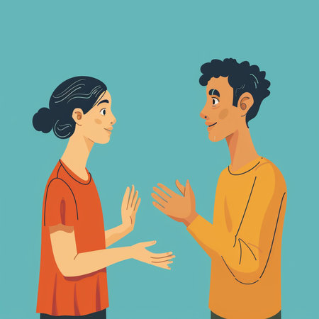 Young man and woman talking to each other. Vector illustration in flat styleの素材