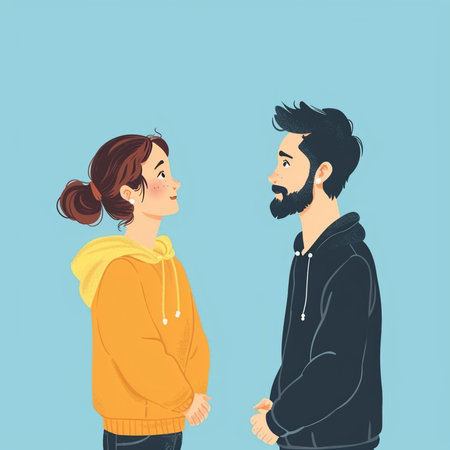 Vector illustration of a young couple in love on a blue background.の素材