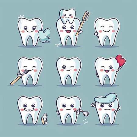 Cute cartoon tooth character set. Vector illustration of tooth character.の素材