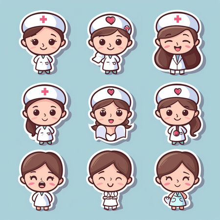 Nurse cartoon character icon set. Cute nurse vector set.の素材