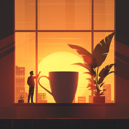 Vector illustration of a man standing near the window with a cup of coffeeの素材