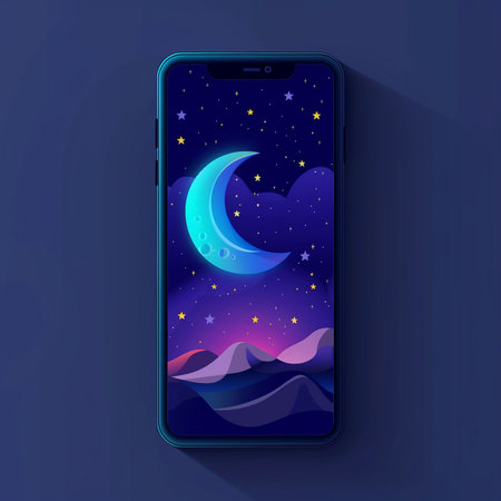 Night sky with moon and stars on the smartphone screen. Vector illustration.の素材