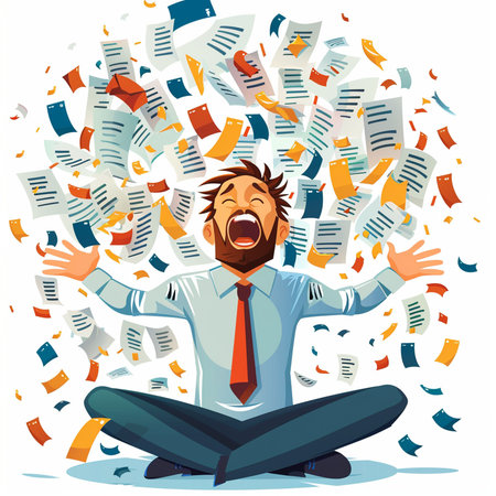 Angry man with a lot of papers. Vector cartoon illustration.の素材