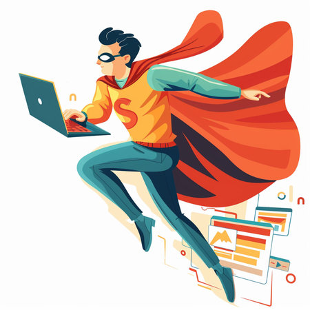 Vector illustration of a man in a superhero costume with a laptop in his hands.の素材