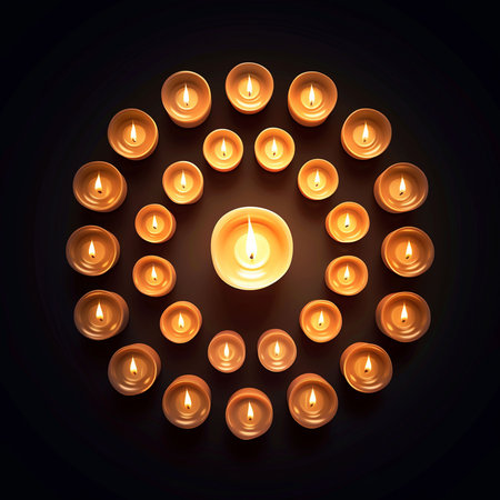 Burning candles in a circle on a dark background. Vector illustration.の素材