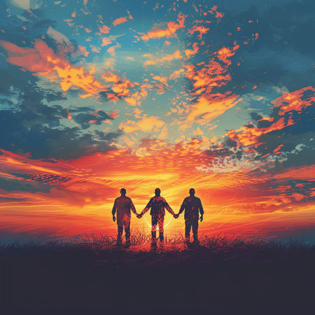 Silhouette of a man and a woman holding hands on sunset backgroundの素材