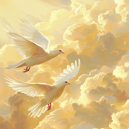 White pigeons flying in the sky with clouds. Vector illustration.の素材