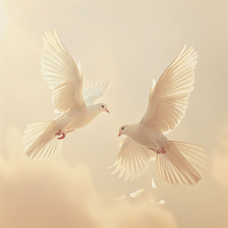 Two white doves flying in the sky, toned image.の素材
