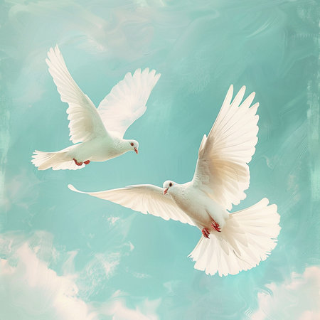 Two white doves flying in the blue sky. Conceptual image.の素材