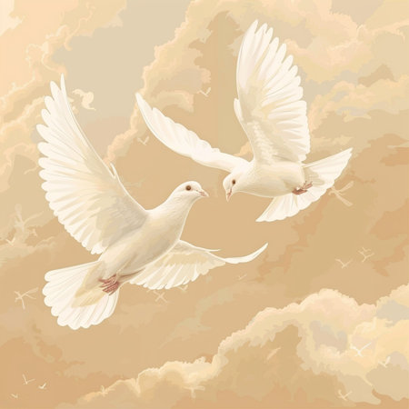 Two white doves flying in the sky. Vector illustration.の素材