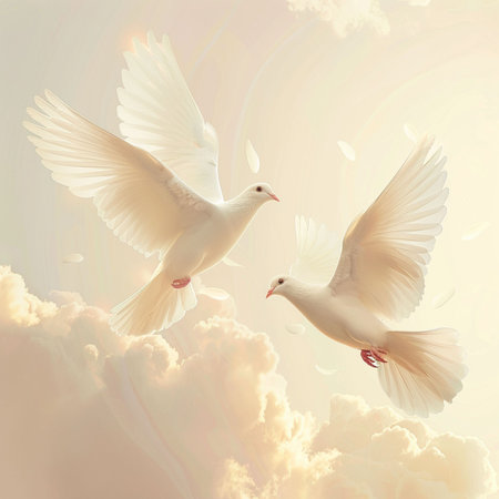 Two white doves flying in the cloudy sky. Love and peace conceptの素材