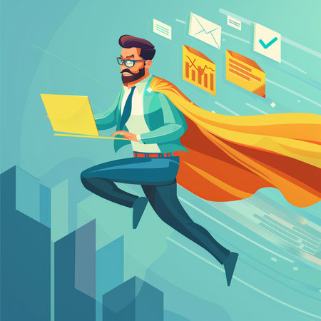 Superhero businessman flying with laptop in his hand. Vector cartoon illustrationの素材