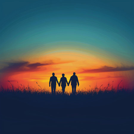Silhouette of a man and woman holding hands on sunset backgroundの素材
