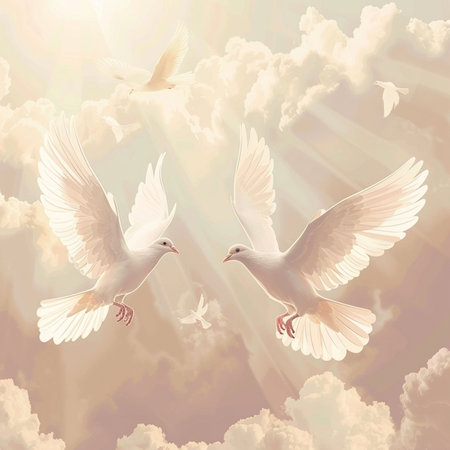 Two white doves flying in the sky with clouds and sun raysの素材