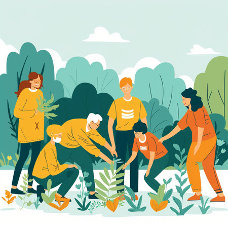 Volunteers and volunteers planting trees in the park. Vector illustration.の素材