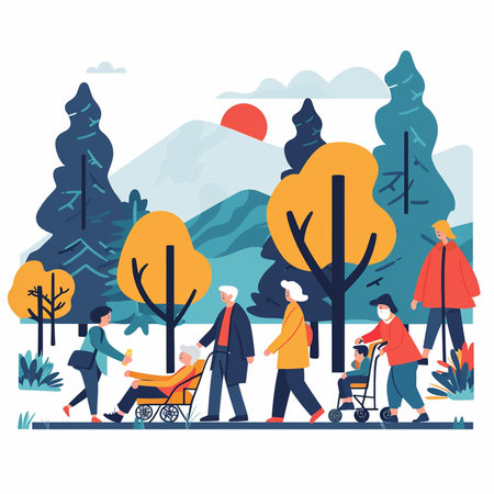 Elderly people walking in the park. Flat vector illustration.の素材