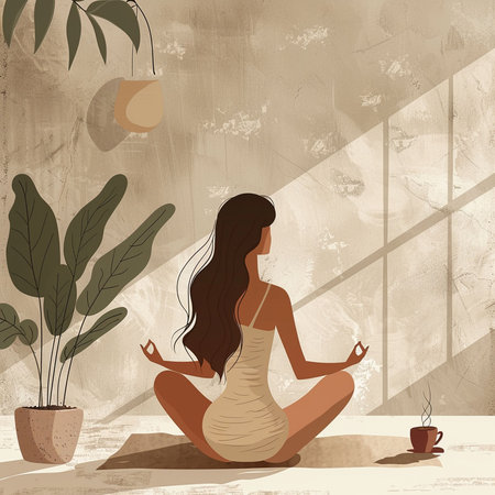 Woman meditating at home. Girl in lotus position. Vector illustration.の素材
