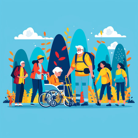 Group of elderly people walking in the park. Flat vector illustration.の素材