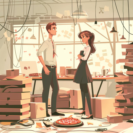 Vector illustration of a man and a woman working in a pizzeriaの素材
