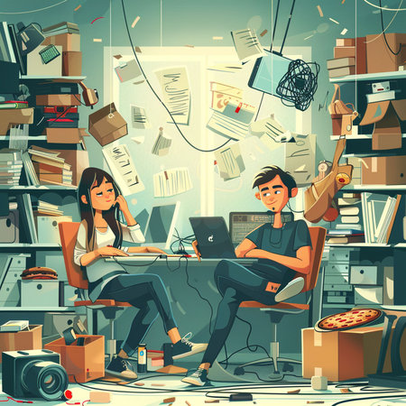 Vector illustration of young man and woman working at the computer in the officeの素材