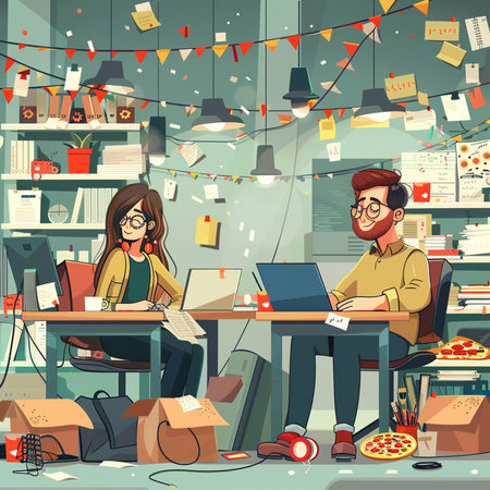 Vector illustration of a young man and woman working in the office.の素材